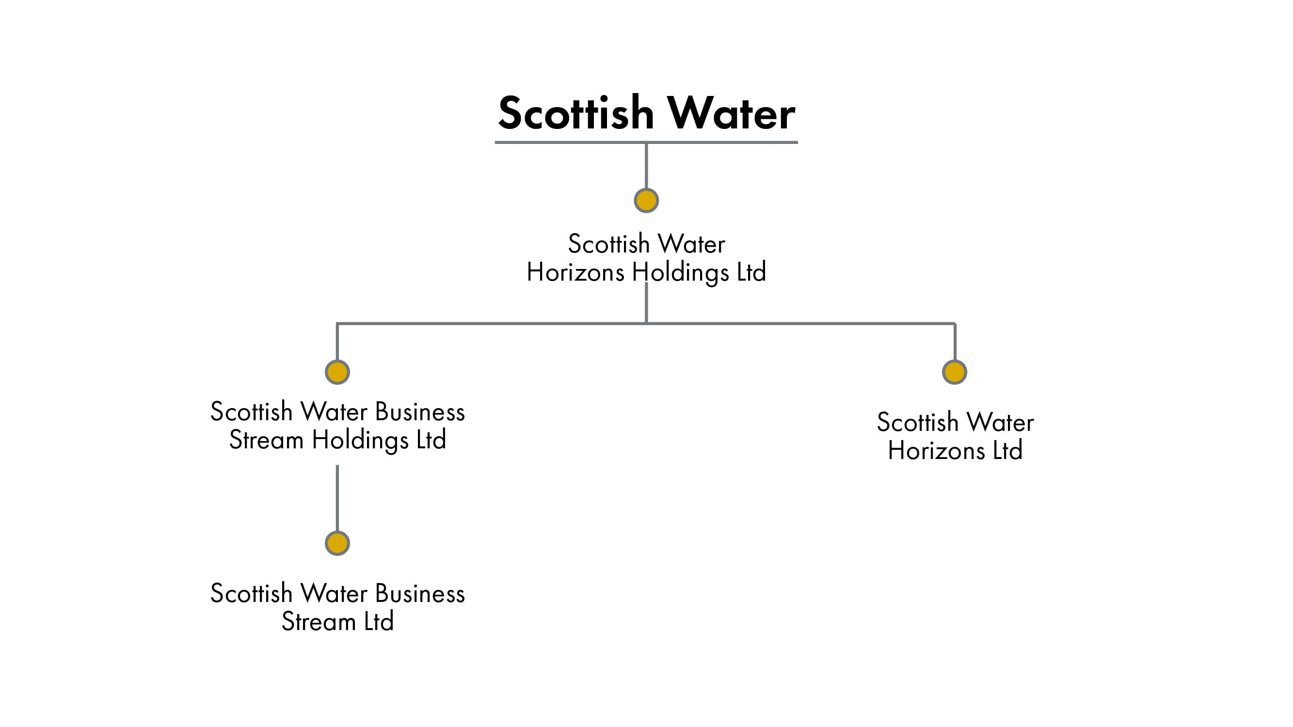 Flow chart depicting the organisational structure of Scottish Water and its subsidiaries. Scottish Water is at the top of the diagram with Scottish Water Horizons Holdings Ltd below. Below that the diagram branches into two separate strands. On the right is Scottish Water Horizons Ltd. To the left is Scottish Water Business Stream Holdings Ltd and below that Scottish Water Business Stream Ltd.